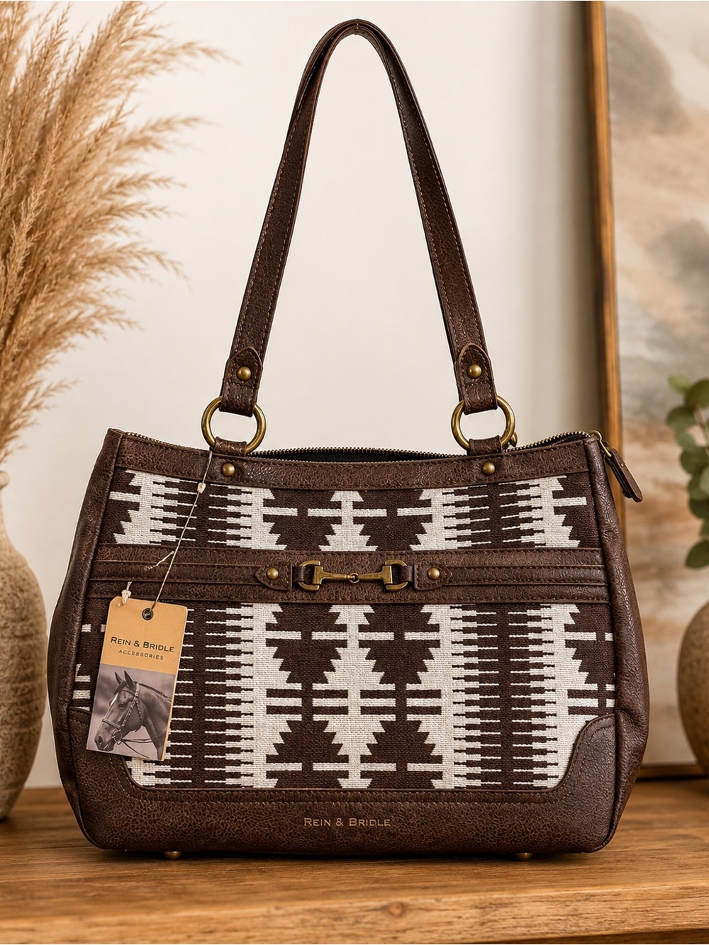 NWT Western Aztec chic big Shoulder Bag multiple pockets zip brown white rodeo